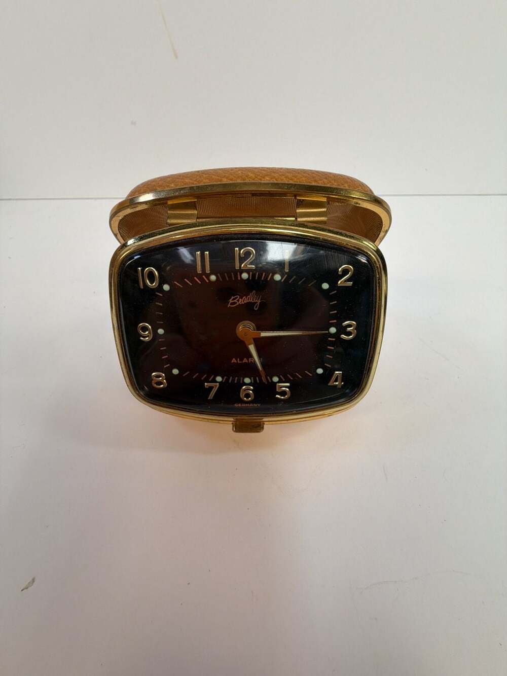 Vintage Bradley Wind-Up Clamshell Travel Alarm Clock, Gold-Tone & Tan Leather Ca